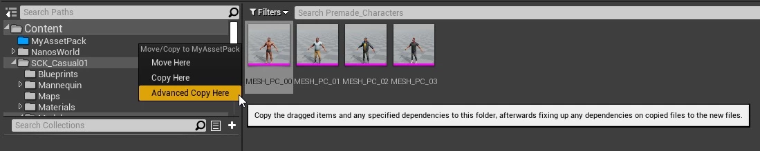 Right clicked MESH_PC_00 and Advancing Copying into MyAssetPack/ folder
